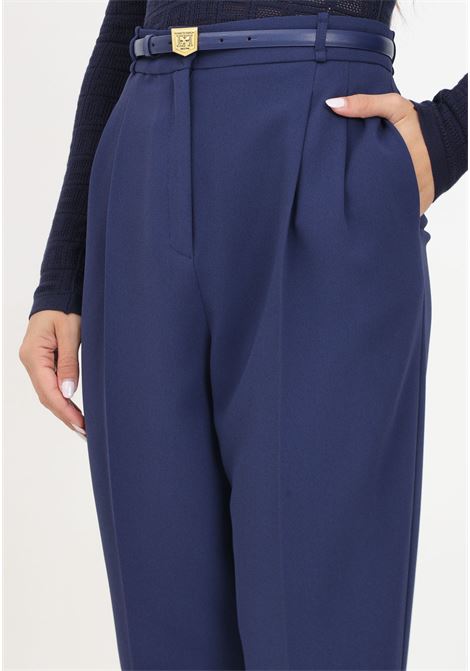 Elegant blue women's trousers with belt and embroidery ELISABETTA FRANCHI | PA02846E2B75